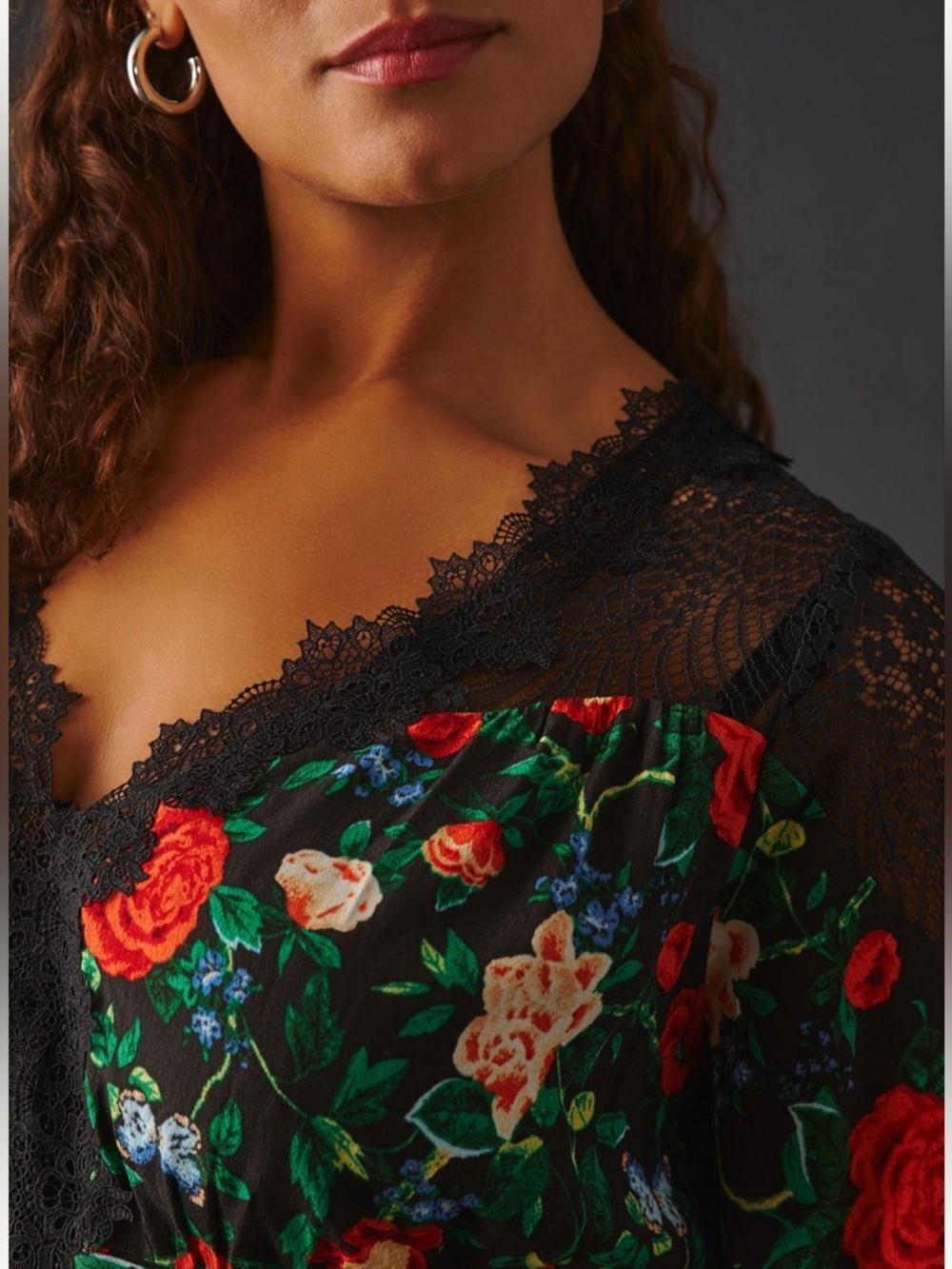 Anthropologie V Neck Mini Dress Black Floral Size 4 - Picture 6 of 16